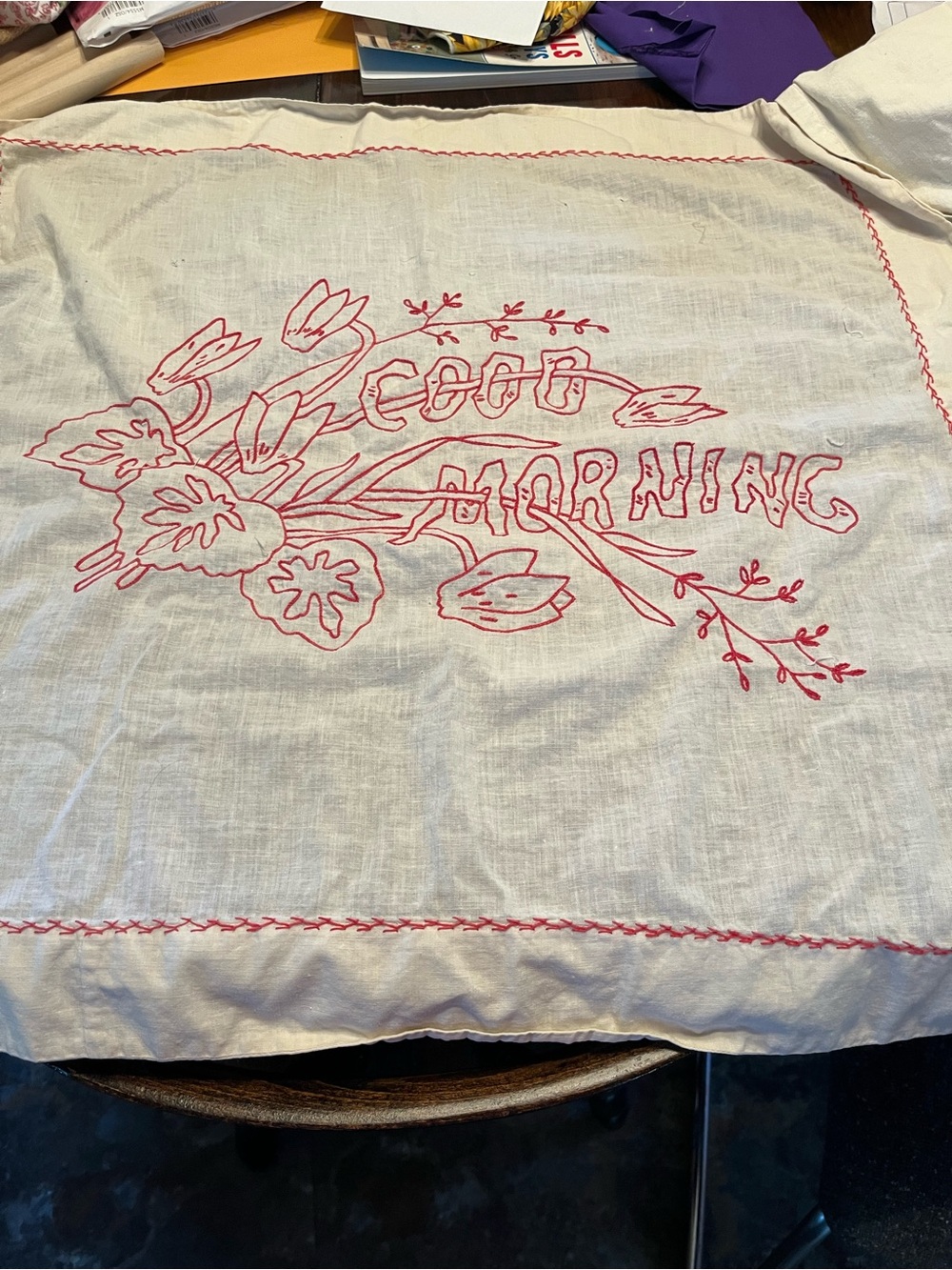 Embroidered 'Good Morning' Linen Table cloth - Red on Cream